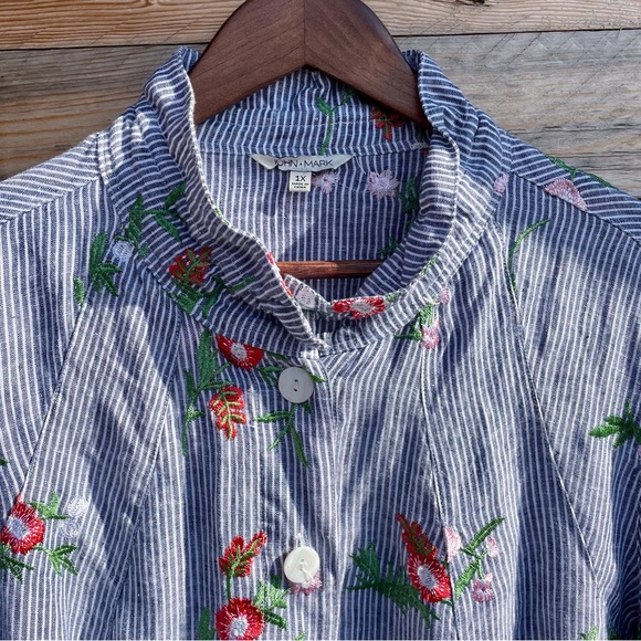 John.Mark linen button down collar loose fit embroidered top - Picture 6 of 12